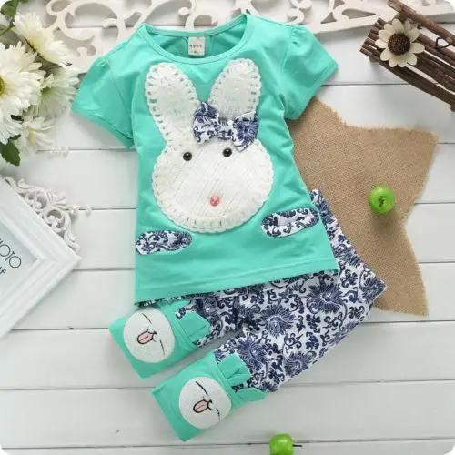 

New Hot Sale 2PC New Baby Kids Top Short Pants Set Clothes Cute Rabbit Girls Clothes Pink Green Size1-4 Years