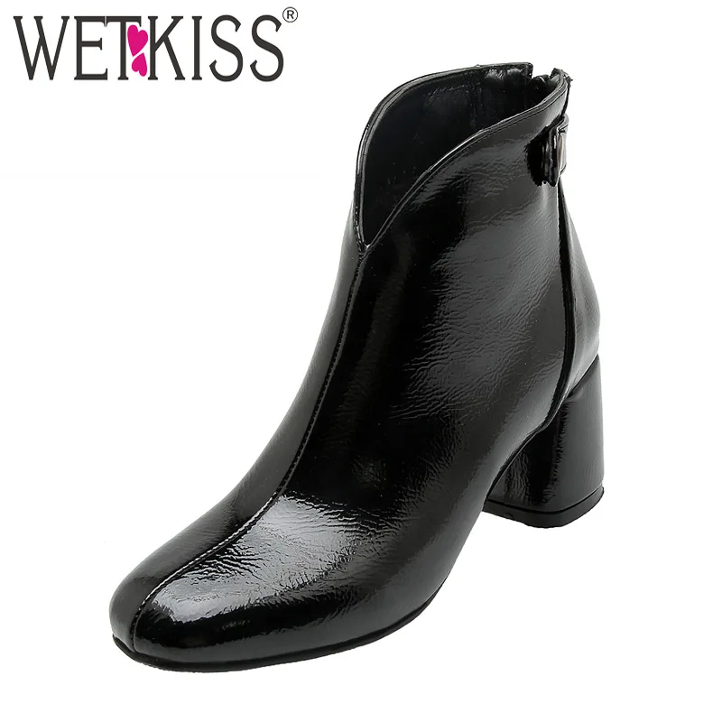 

WETKISS Patent Pu Boots Women Heels High Ankle Boot Square Toe Shoes Female Shoes Ladies Party Shoes Winter Plus Size 32-46