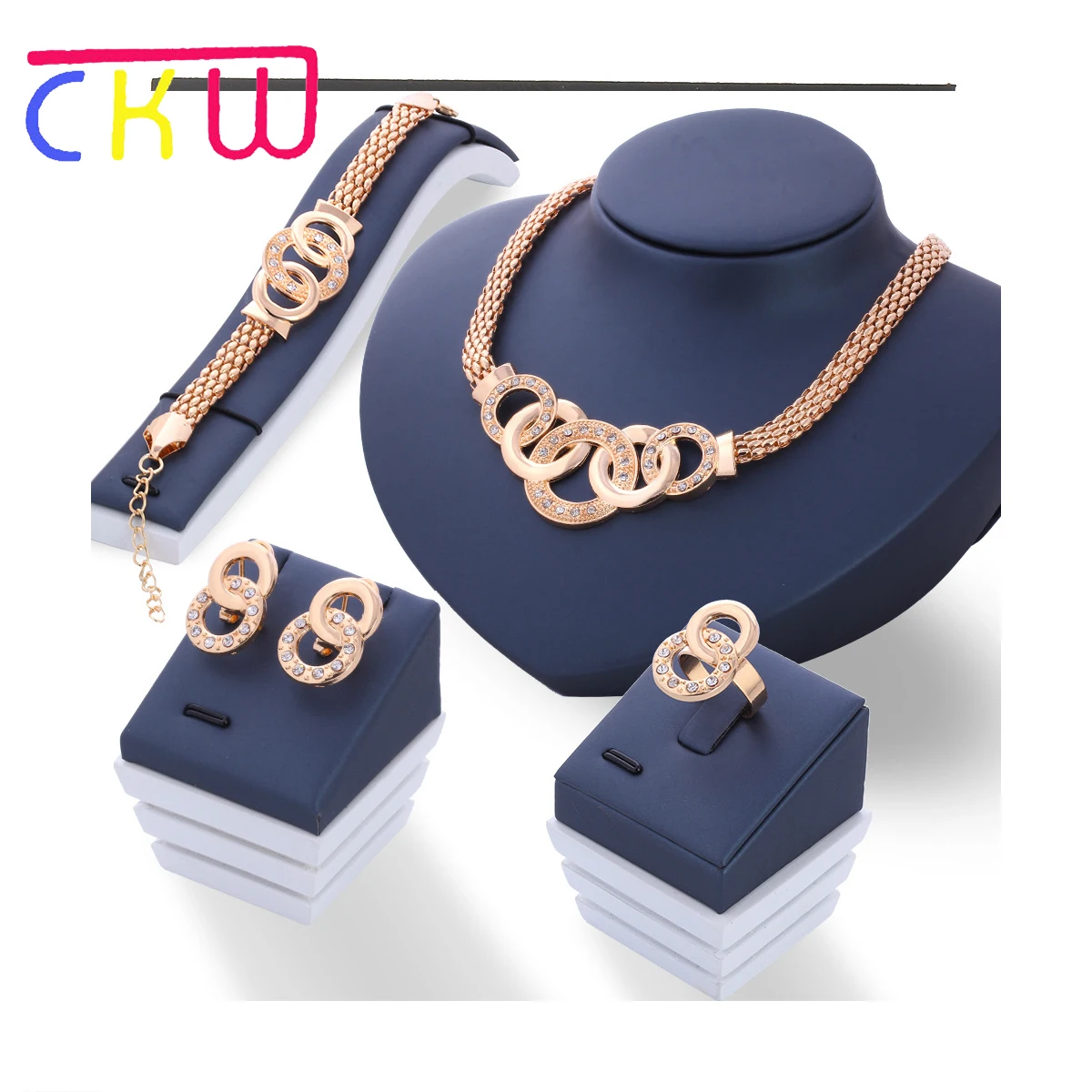 

CKW 4pcs Bohemia Bling Crystal Necklace/Earrings/Ring/Bracelet Engagement Geometric Zinc Alloy Jewelry Sets for Women