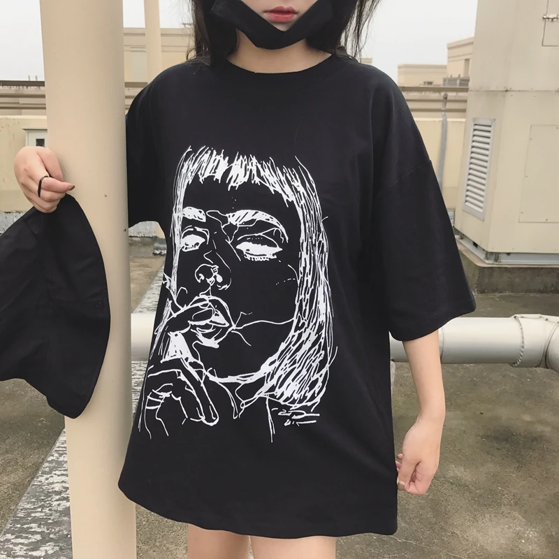 

Funny Graffiti Cartoon Girl Hip Hop Punk Gothic Graphic Print Loose Harajuku Streetwear Casual Tee Top Women T-Shirt Korean 2019