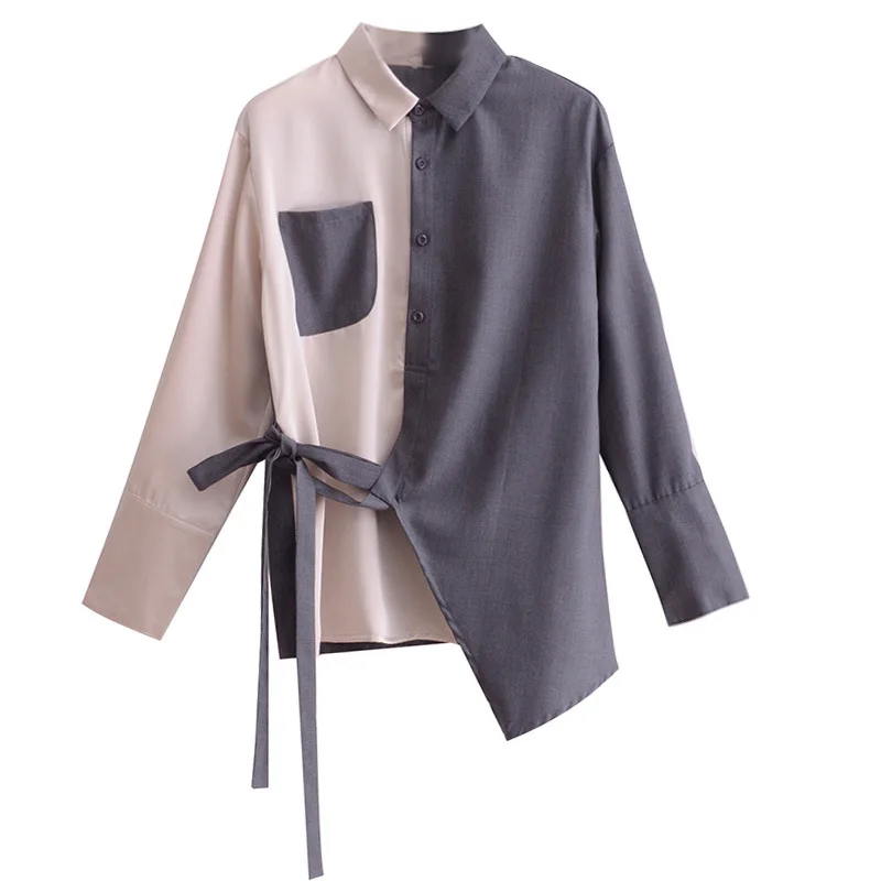 

Bow Tie Contrast Color Lace Up Blouse Loose OL Irregular Shirt Coat Splicing Long Sleeved Turn Down Collar Single-breasted Tops
