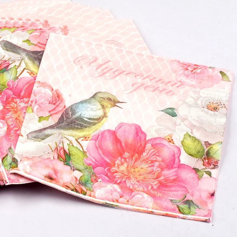 20pcs Table napkins paper tissue printed flower rose bird servilletas decoupage vintage pink wedding birthday party decoration