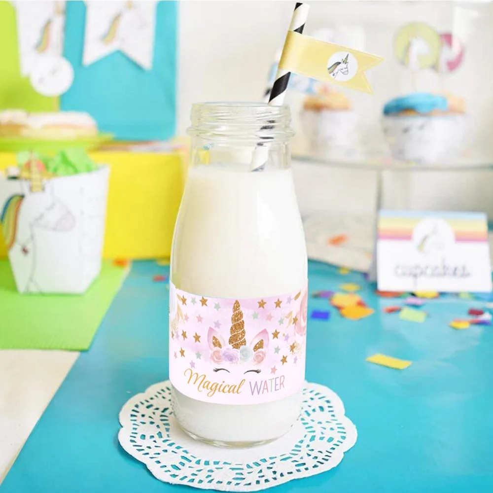 FENGRISE DIY Unicorn Party Sticker Water Bottle Birthday Party Decorations Kids Candy Box Stickers Unicorn Party Decor Sticker