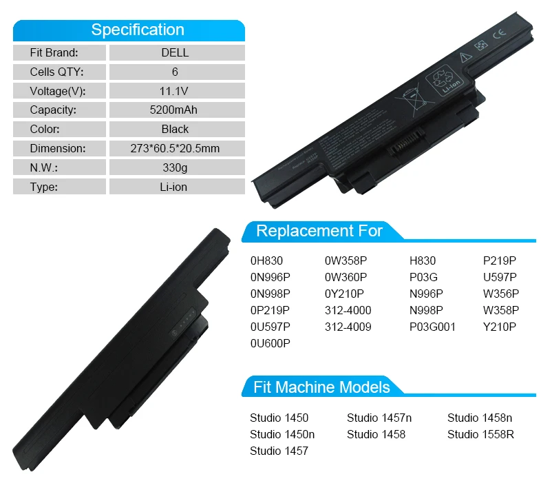 6 Cell Аккумулятор для ноутбука Dell Studio 1450 1458 1457 1450n 1457n 1558R 1458n p219p u597p w356p w358p y210p