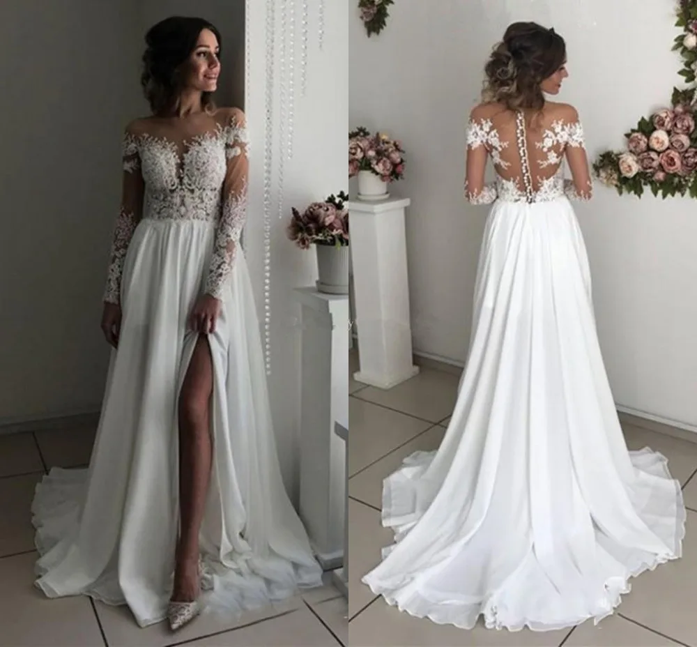 Sexy Long Sleeves Wedding Dresses Sheer Neck Illusion Appliques