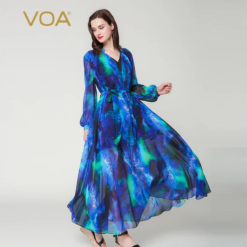 

VOA Puff Long Sleeve Sky Blue V Neck Double Layer Silk Dress Plus Size Women Maxi Robe Dresses Casual Lace-up Clothes Fall A6201