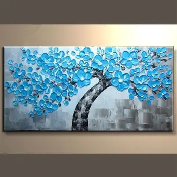 

Abstract Pure Hand-painted Thick Oil Painting Blue Flowers TREE /NO Frame