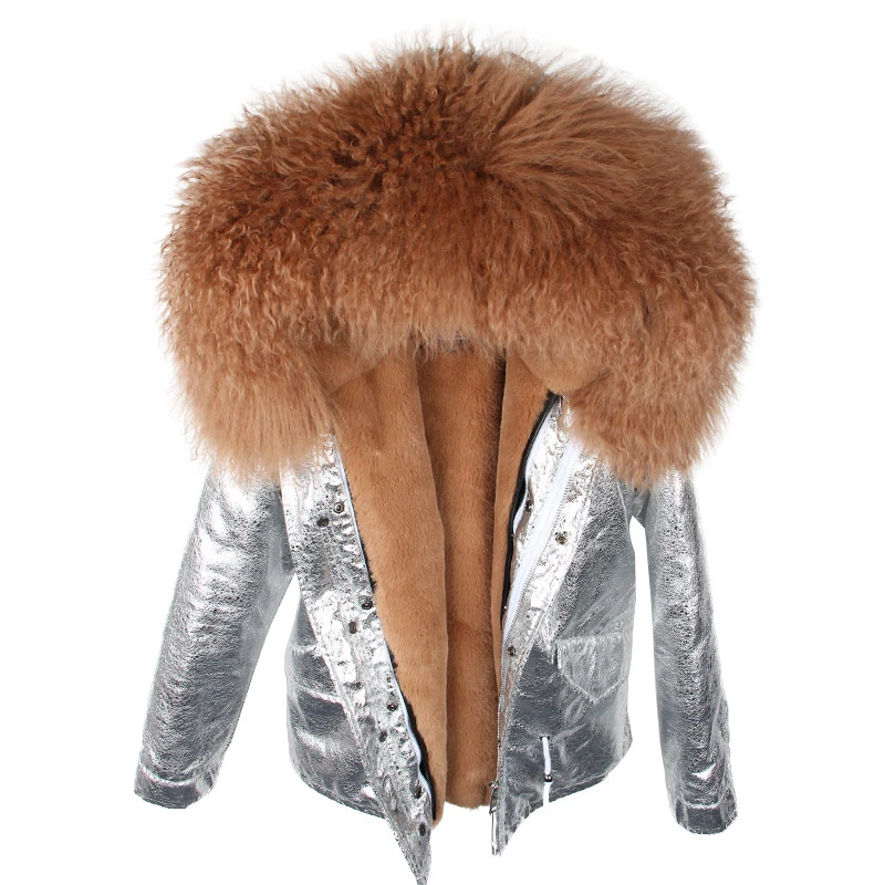 Parka Real Fur Coat Winter Jacket Women Real Mongolia Sheep Fur Parkas Thick Warm Luxury Detachable Outerwear Streetwear - Цвет: silver brown