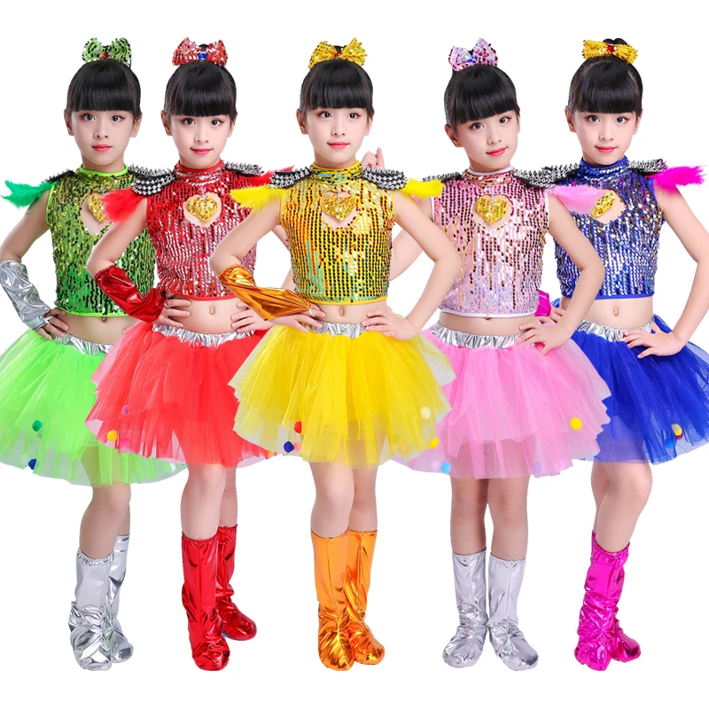 

Children jazz Dress Party Dance Girls Clothing Infant Modern Jazz Dance Performance Costumes Sequined Veil Choral Costumes