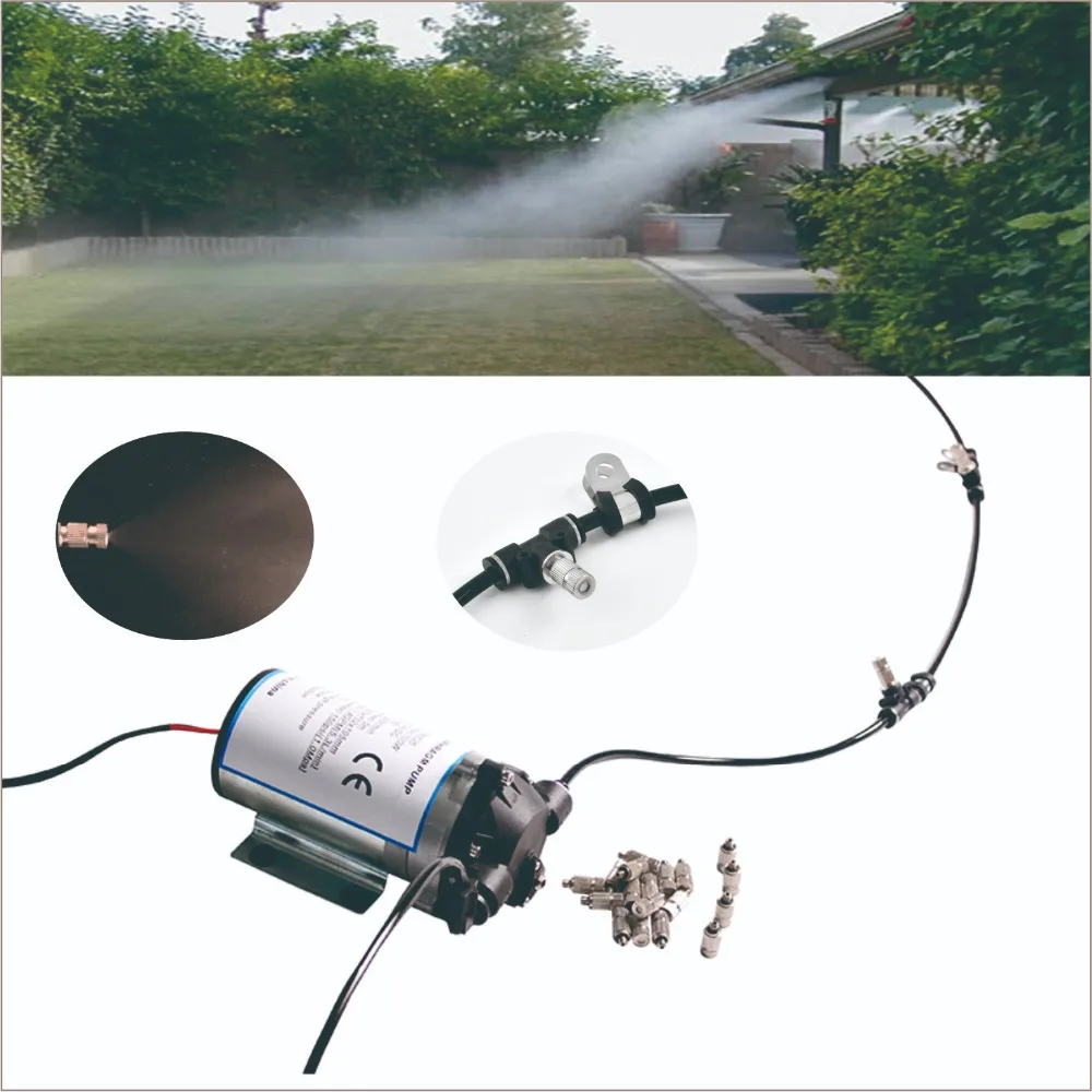 

Silent pump outdoor cooling system with cycle timer. 20pcs nozzle misting system .Great for poultry shed, greenhouse, patio