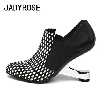 

Black White Dots Women Short Ankle Boots Round Toe 8cm Metal Strange High Heels Ladies Chelsea Booties Winter Botas Feminino
