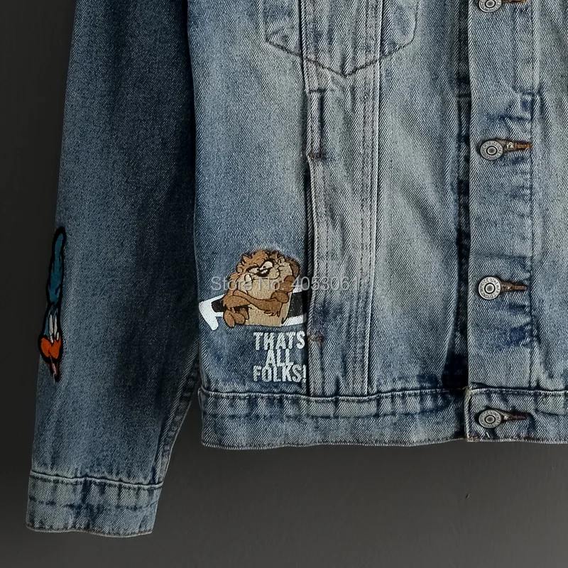 Хит, модная Женская Ретро джинсовая куртка с эффектом потертости, с принтом кролика, с вышитыми буквами, на пуговицах спереди, с длинными рукавами, с карманами