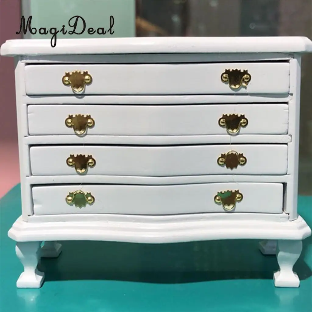 1/12 Scale Dollhouse Miniature Furniture White Dresser 4-Drawer Cabinet Room Life Scenes Decoration Accessories White