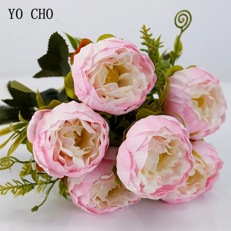 YO CHO Искусственные цветы розы пионы поддельные цветы розовый шелк Белый пион букет Свадебная вечеринка декорации Искусственные цветы