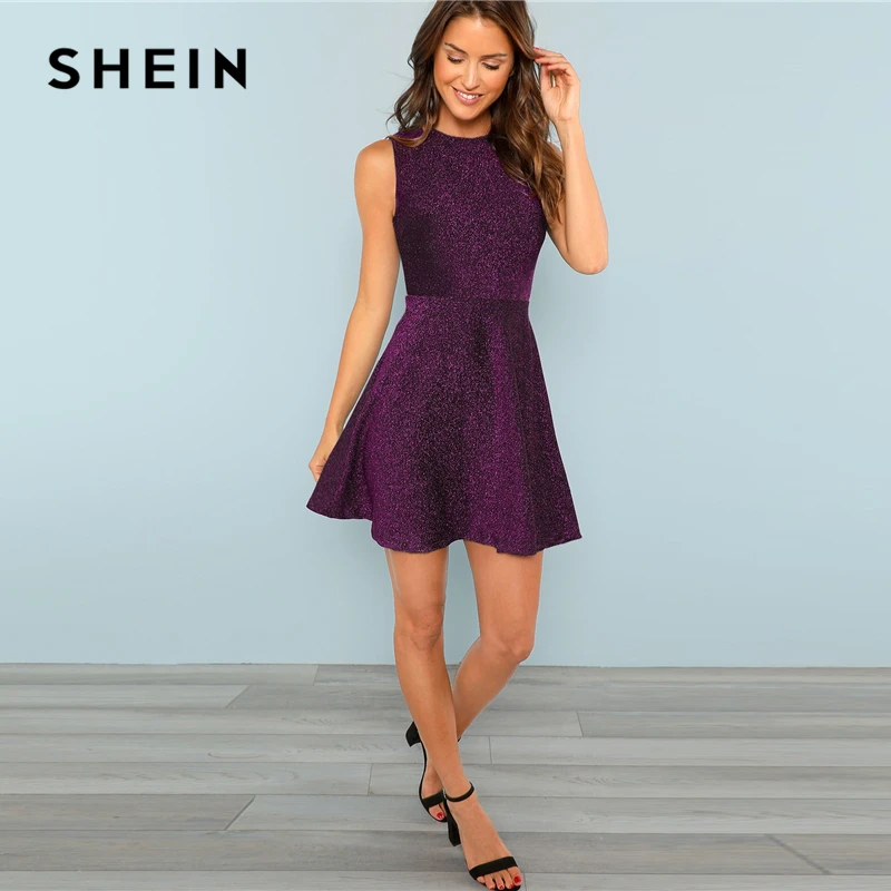 SHEIN Блестящее Расклешенное Платье Без Рукавов 2019 Элегантное Повседневное