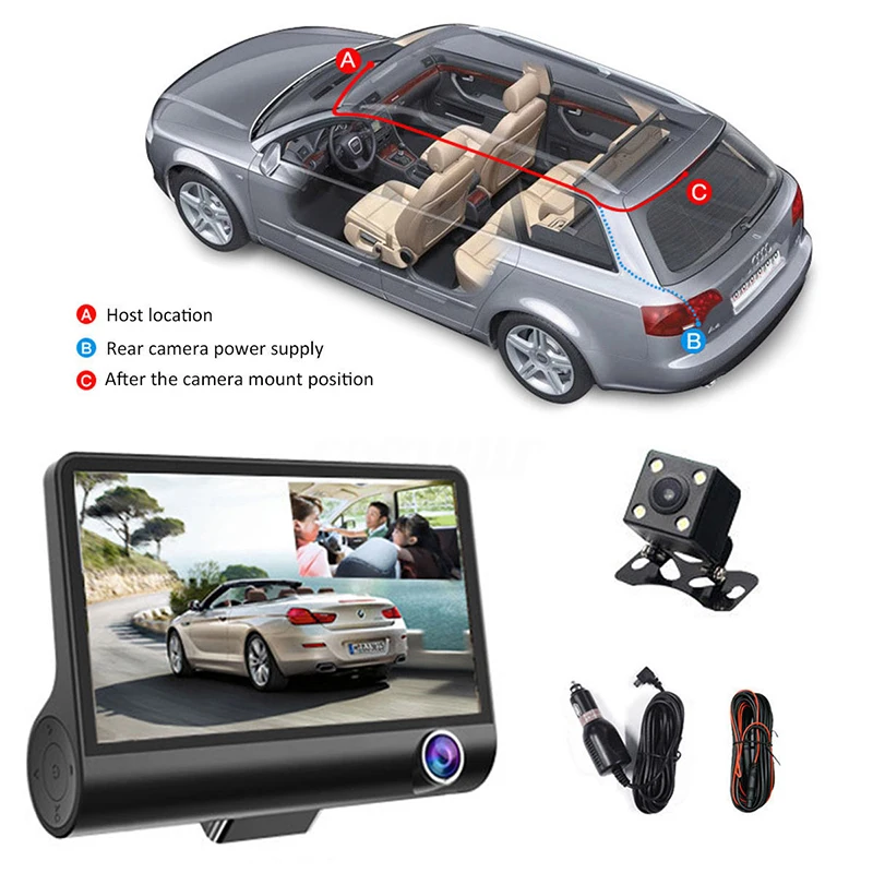 QUIDUX 4 дюйма IPS DVR Dashcam 3 способа камеры 170 градусов FHD 1080P ночного видения Видео