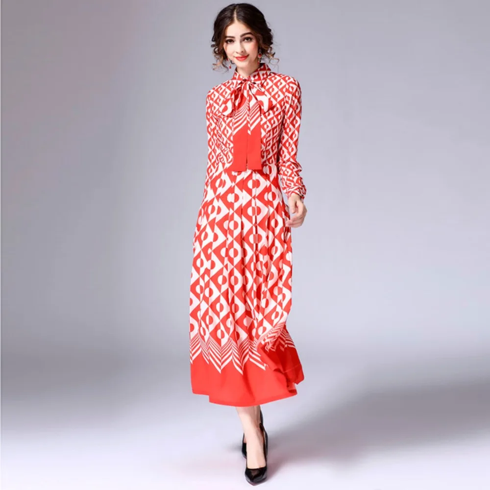 

Custom Dress S-7XL 2019 Autumn Newest Silk Colorful Red dot Print O-Neck Full Sleeve Elegant Mid-Calf Bow Plus Size Dress Women