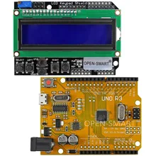 OPEN-SMART Micro USB UNO R3 ATmega328P Development Board + LCD 1602 Keypad Shield Kit for Arduino – Yellow