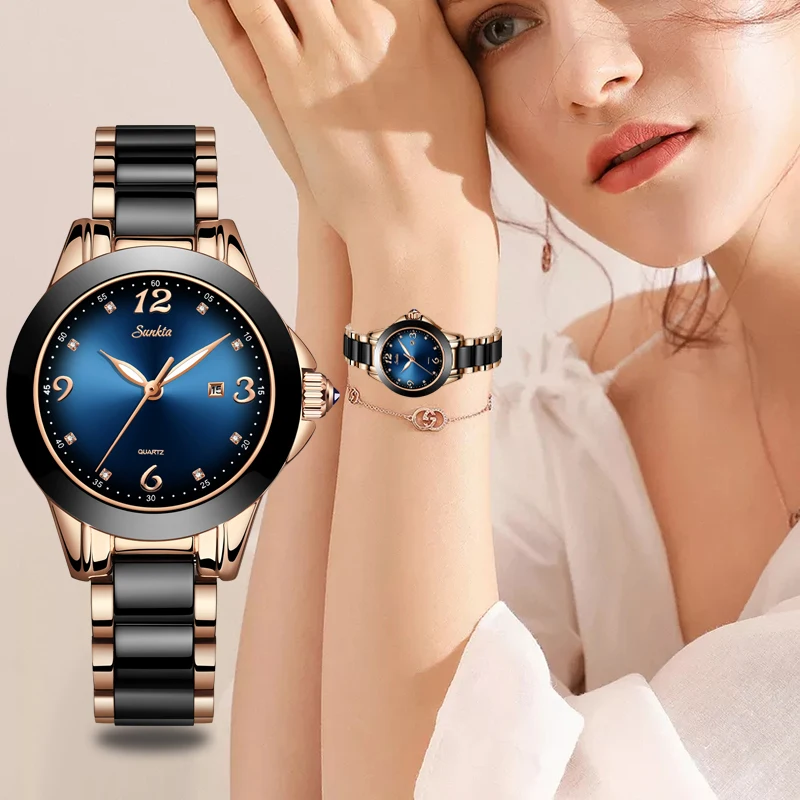Sunkta Blue Waterproof Bracelet Watch Fashion Women Watches Ladies Top Brand Luxury Ceramic Rhinest-2