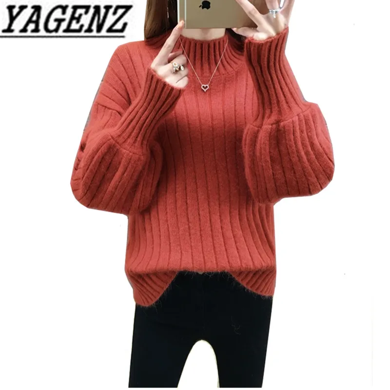 Turtleneck Women's Sweaters 2020 Autumn and Winter Fashion New Loose Lantern sleeve Sweater Lady Solid Warm Casual Tops | Женская