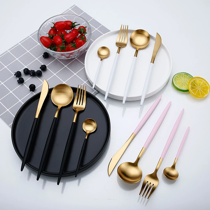 

Cheap Gold Tableware Set Stainless Steel Cutlery 4pc Western Food Tableware Luxury Fork Teaspoon Knife Cutlery Set Drop shipping