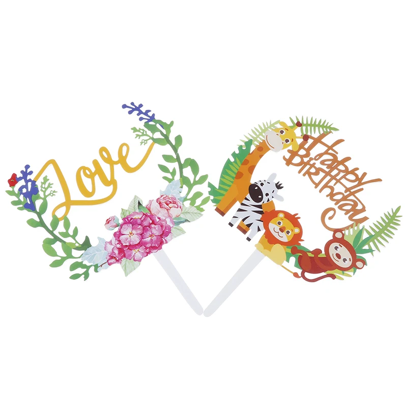 

1pc Acrylic Wild Animal Lion Zebra Giraffe Monkey flowers Cake Decoration Topper Happy Birthday Party Kids Supplies