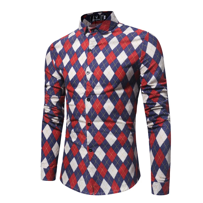 Red Plaid Shirt Men 2019 Spring New Slim Fit Long Sleeve Shirt Mens