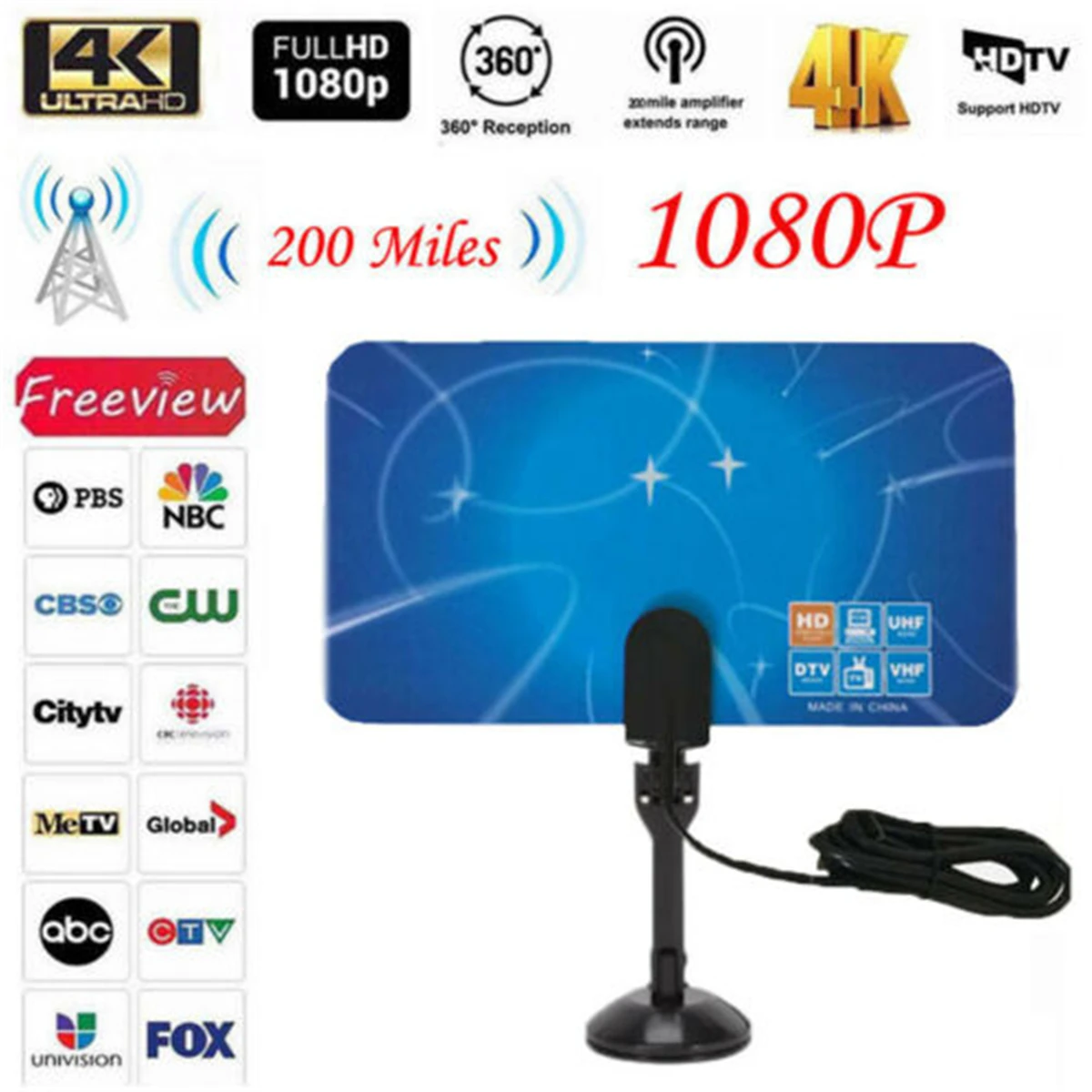 

300 Miles Digital Antenna Clear Indoor TV Free HD 1080P Signal Amplifier Booster