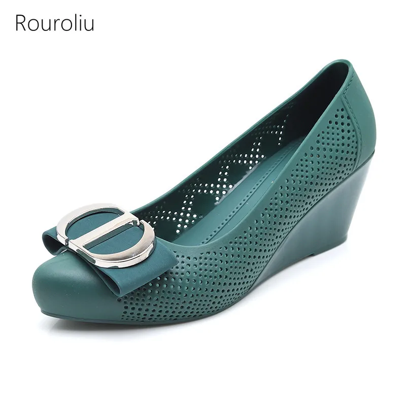 

Rouroliu Women Pointed Toe Hollow Out Jelly Shoes Non-Slip Wedges Beach Sandals Waterproof Casual Rain Shoes Woman FR109