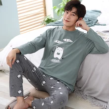 Мужская пижама, набор, хлопок, полный круглый вырез, ночная, повседневная, одежда для сна, топ+ штаны, набор, Осень-зима, Мужская домашняя одежда, мужской спортивный костюм, плюс XXXL