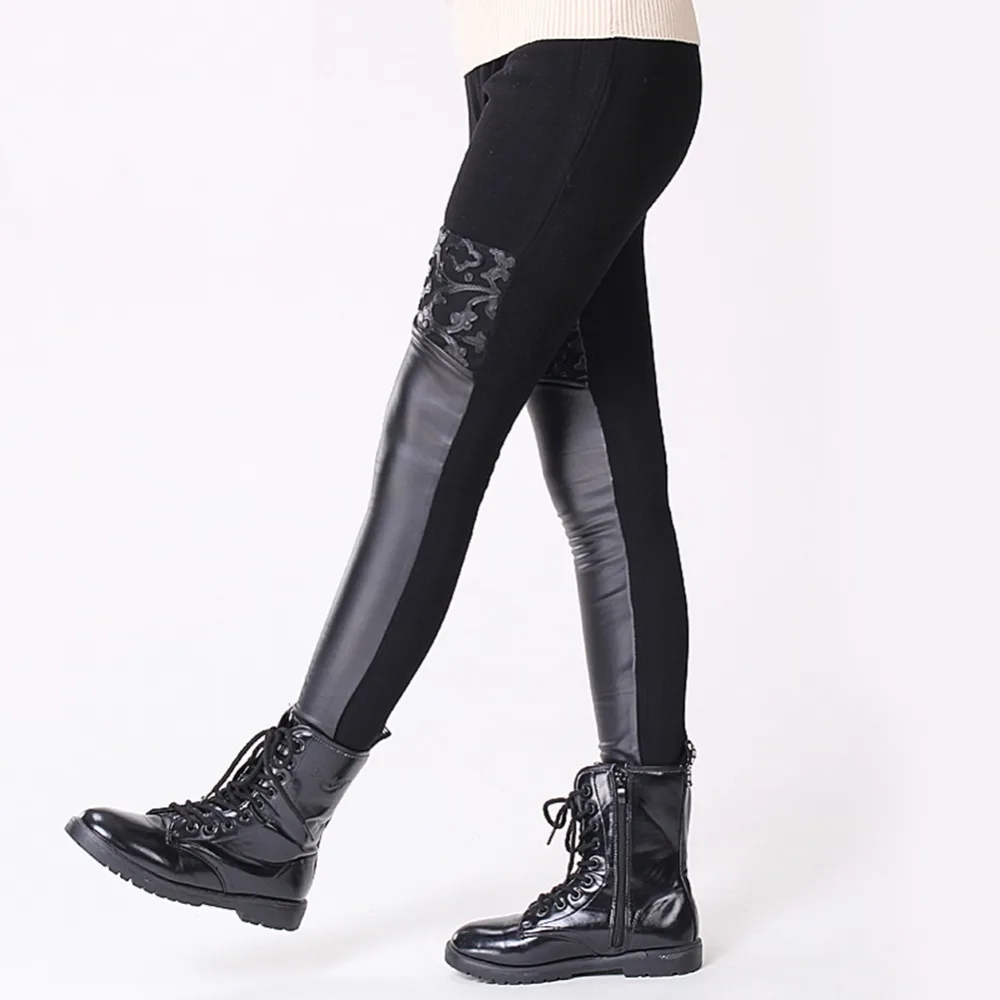 GuaGuaEgg 2016 Winter Autumn girls leggings PU Stitching lace elastic thick velvet pants girls trousers children