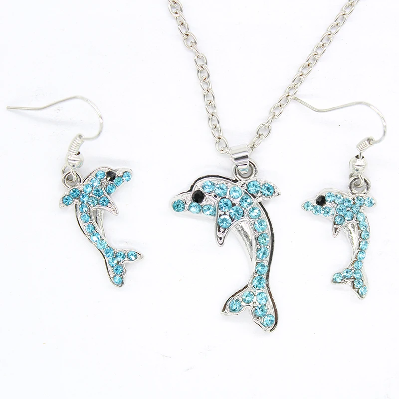 

2018 Fashion Retail Women luxury Lake Blue Colors Austrian Rhinetone Color Dolphin Necklace Earrings