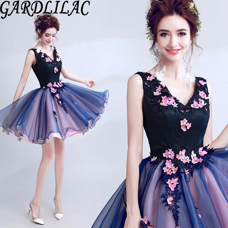 Gardlilac Vneck платье для выпускного вечера контрастный цвет конфеты Мини органза коктейльные платья кружевные цветы vestido festa curto