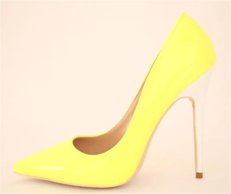 Ladies Charming Pointed Toe Yellow Patent Leather White Stiletto Heel