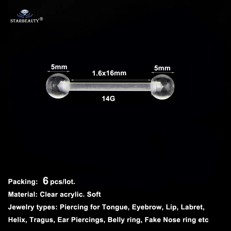 6 шт. 14 г 16 мм прозрачный акрил пирсинг языка кольца мягкие штанги заводской пирсинг сосков пирсинг уха пирсинг ювелирные изделия
