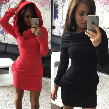 

HOT Sale Women Pencil Dress Casual Slim Female Hooded Clothes Solid Mini Dress Womens Pullover Long Tunic Dress Pockets Clothes