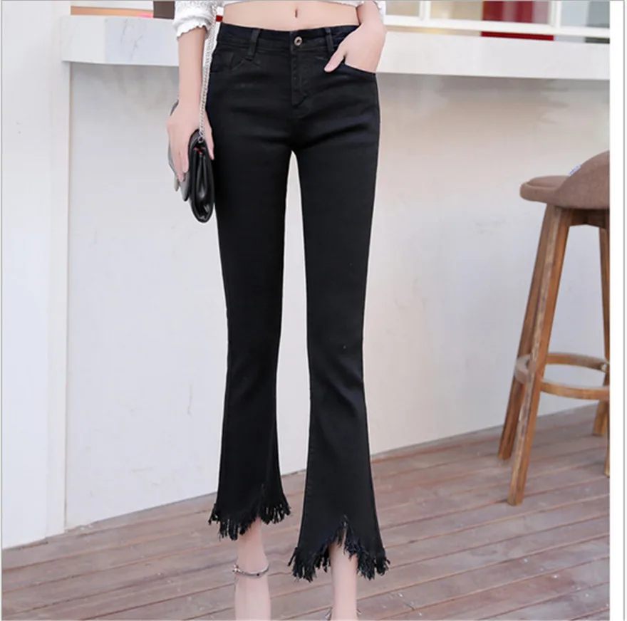 Moda femminile casuale nove punti dei jeans con frange Nappa pantaloni  Solido blu e nero Solido era sottile femminile cowboy Pantaloni  Svasati|flare pants|tassel pantsfashion pants - AliExpress
