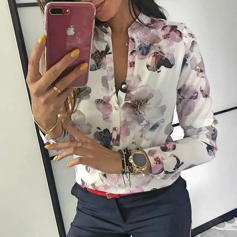 2019 Spring Women Elegant Casual Blouse Floral Print Button Design Long Sleeve Shirt Basic Top 2019 Spring Women Elegant Casual Blouse Floral Print Button Design Long Sleeve Shirt Basic Top