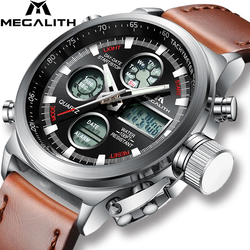

MEGALITH Watch Men's Chronograph Analog Quartz Watch With Date,Stop Watch,Waterproof Genuine Leather Strap Wristswatches For Man