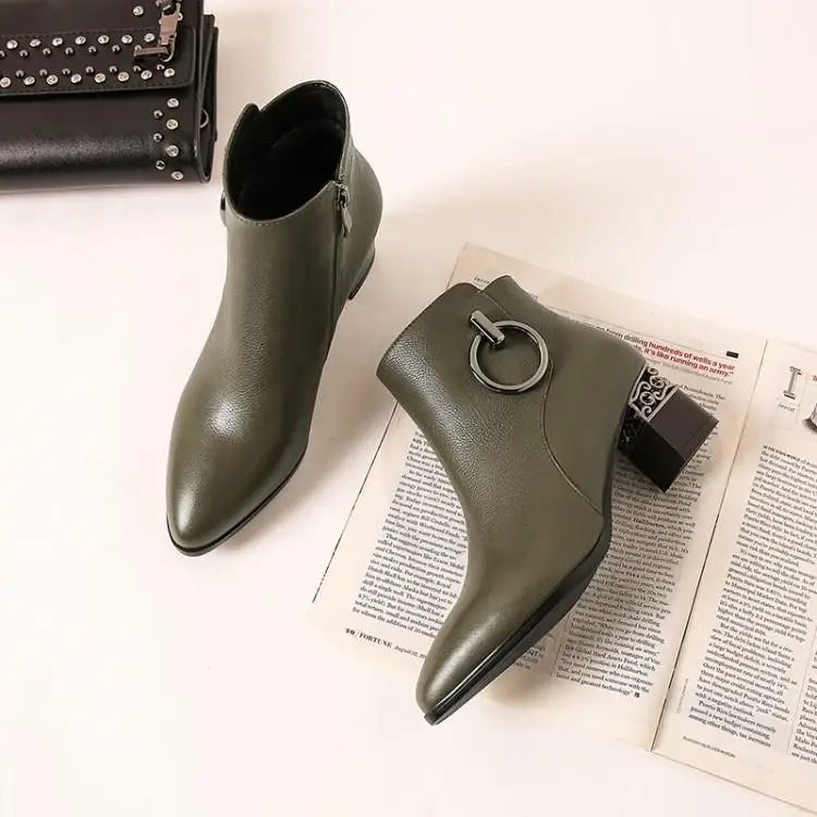 

Black Armygreen Tan Color Leather Ankle Boots For Women Round Toe Chunky Heel Ladies Booties Metal Ring Decoration Shoes Woman