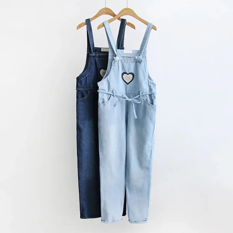 

2018 New Women Denim Jeans Heart Embroidered Denim Jumpsuits Harajuku Cute Sweet Cotton Overall Jeans Female #A036