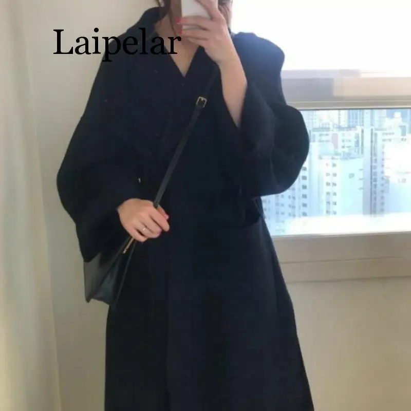 Laipelar женское Элегантное зимнее кашемировое пальто длинное Бандажное шерстяное пальто кардиган свободного размера плюс - Цвет: Black