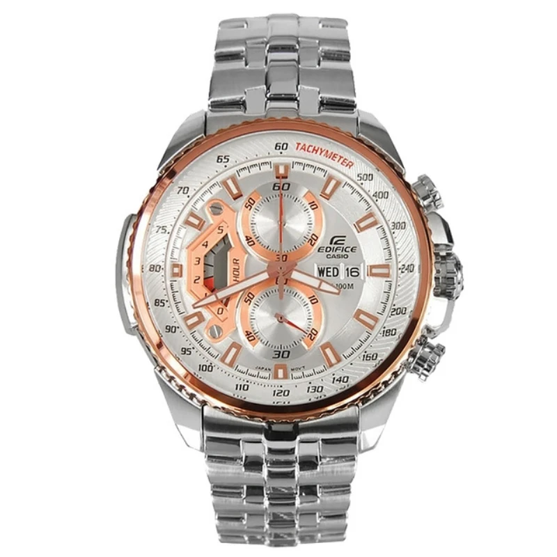 

Casio men's watch three eyes 100 meters waterproof sports racing table steel belt men's watch white plate steel belt EF-558
