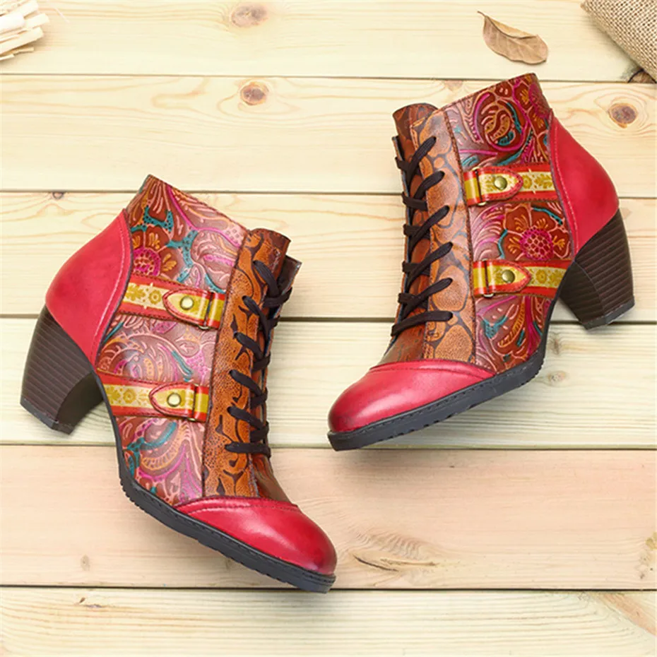 Spanish Retro Style Women Ankle Boots Fashion Handmade Genuine Leather Thick Heels LadIes Shoes Comfortable Ethnic Women's boots (1)