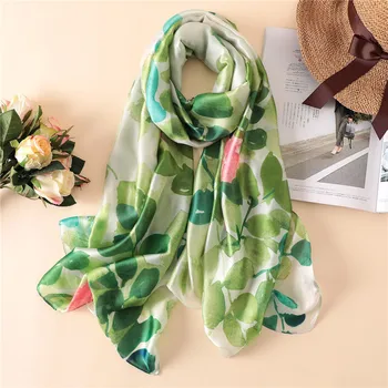 

2018 luxury brand Women Silk scarf Beach Shawl and Echarpe Green Leaf Print Designer scarves female beach stole bandana
