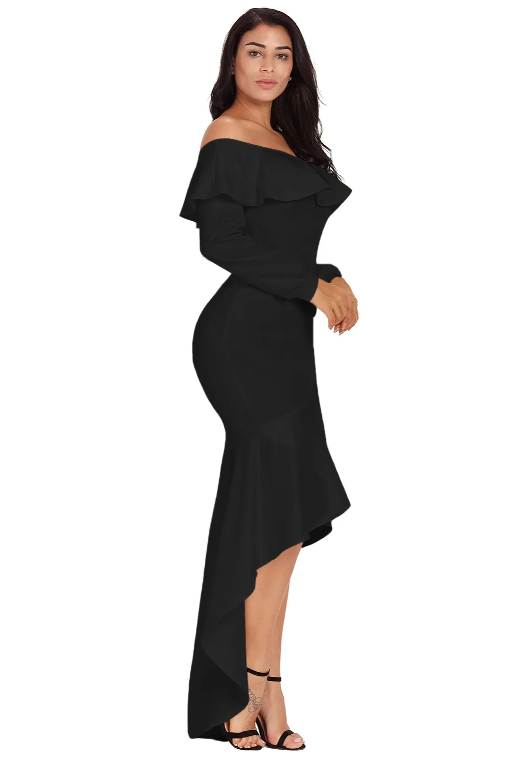Black-Lantern-Sleeve-Asymmetric-Ruffle-Hem-Evening-Dress-LC610303-2-3