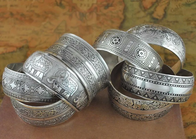 Цыганский этнический квадратный цветок металлические резные широкие браслеты тибетские серебряные винтажные Ретро Племенной браслет манжета для женщин