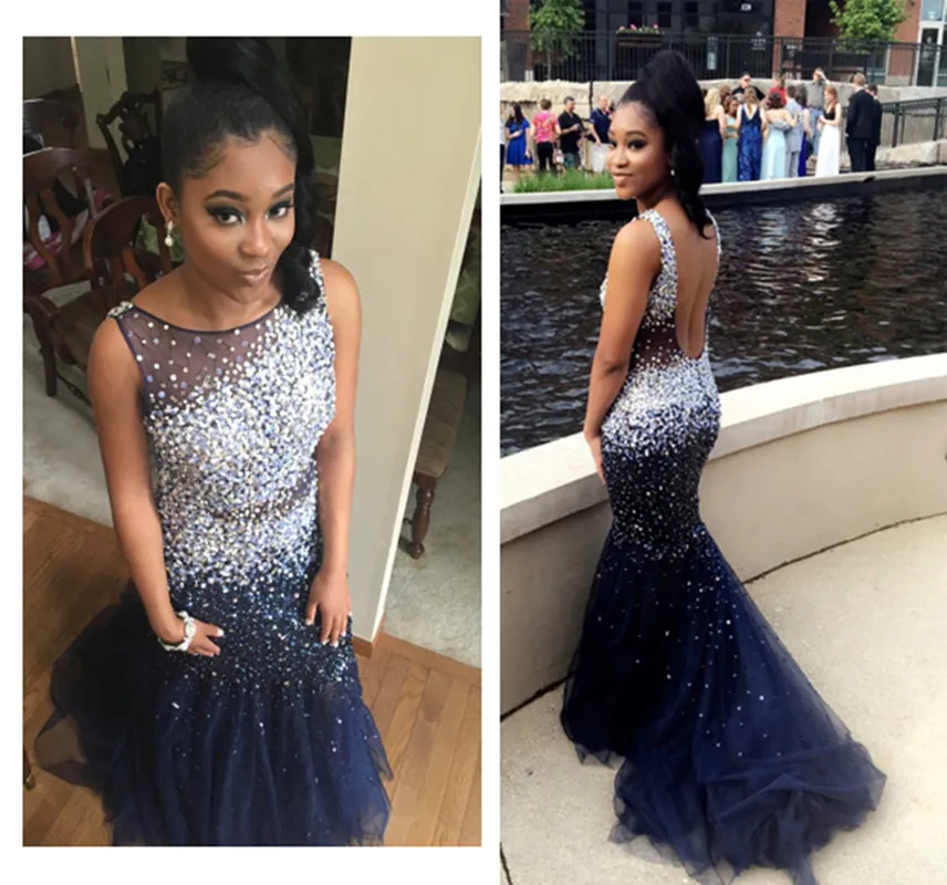 Long Stones Prom Dresses 2017 Scoop Sleeveless Backless Sweep Train Tulle Crystal Mermaid Evening Dress 2016 Vestidos De Festa | Свадьбы и