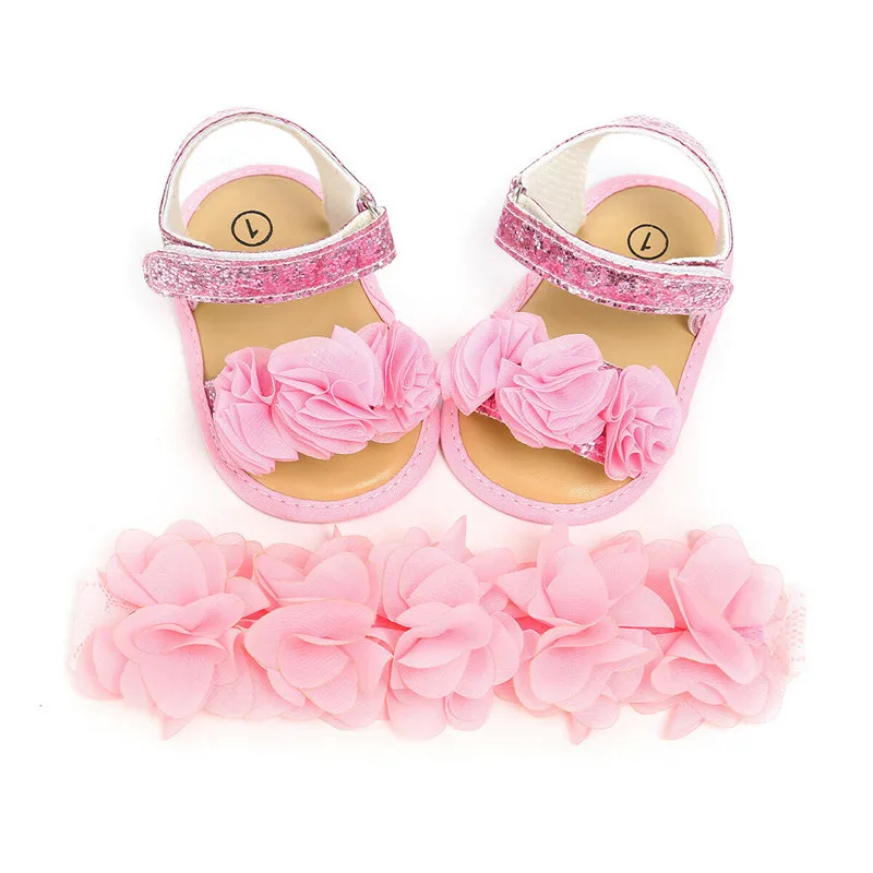 Сандалии с цветочным рисунком для новорожденных девочек; Повседневная обувь для кроватки; первый ходунк+ повязка на голову