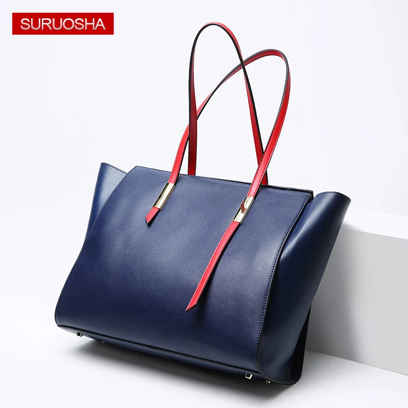 

SURUOSHA Brand Fashion Blue Wax Oil Genuine Leather Shoulder Bags Fashion Ladies Handbags Large Capacity Women Shoulder Bag